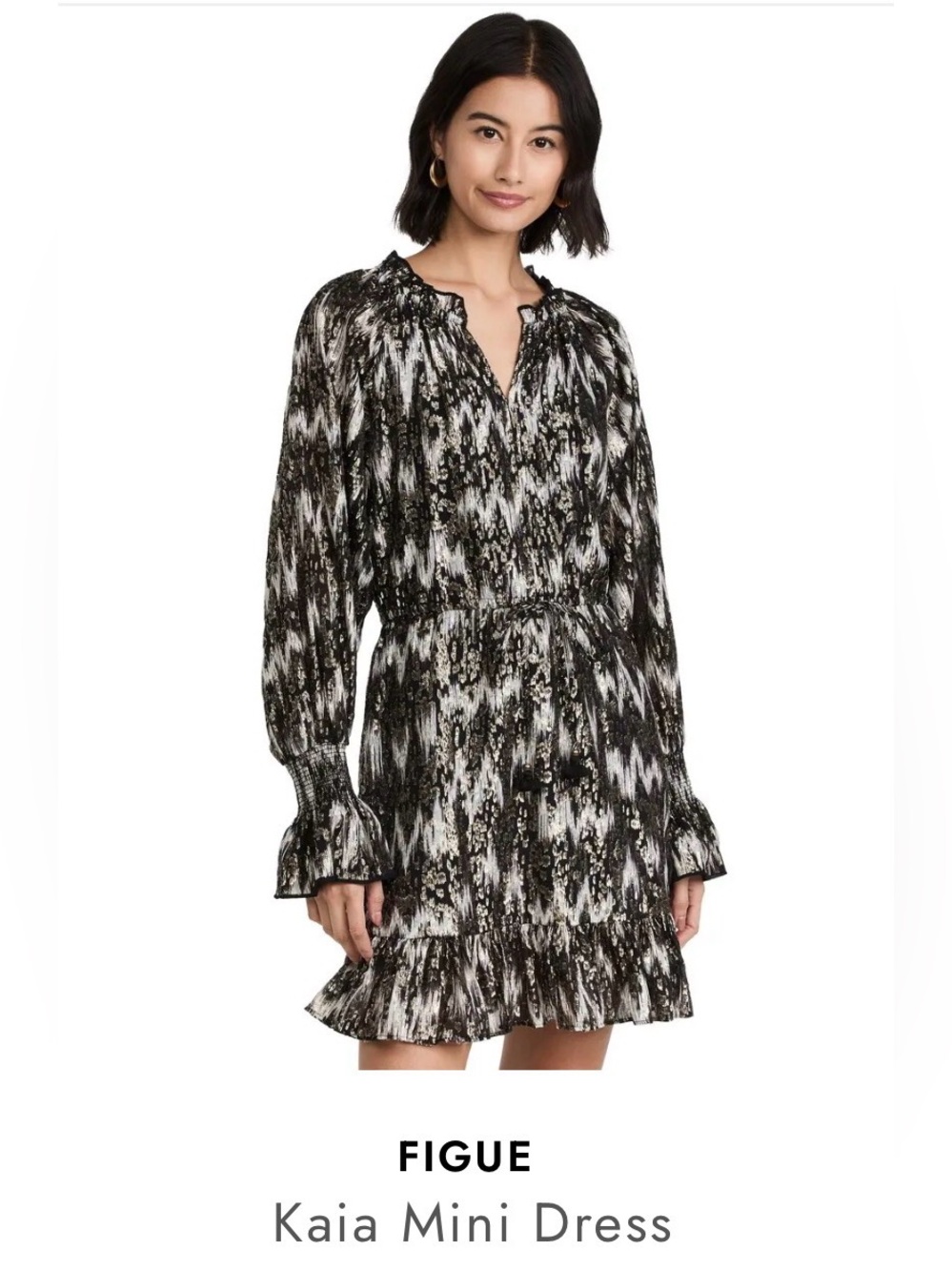 Figue Black,White and Metallic Printed Long Sleeve Smocked Tie Waist Dress